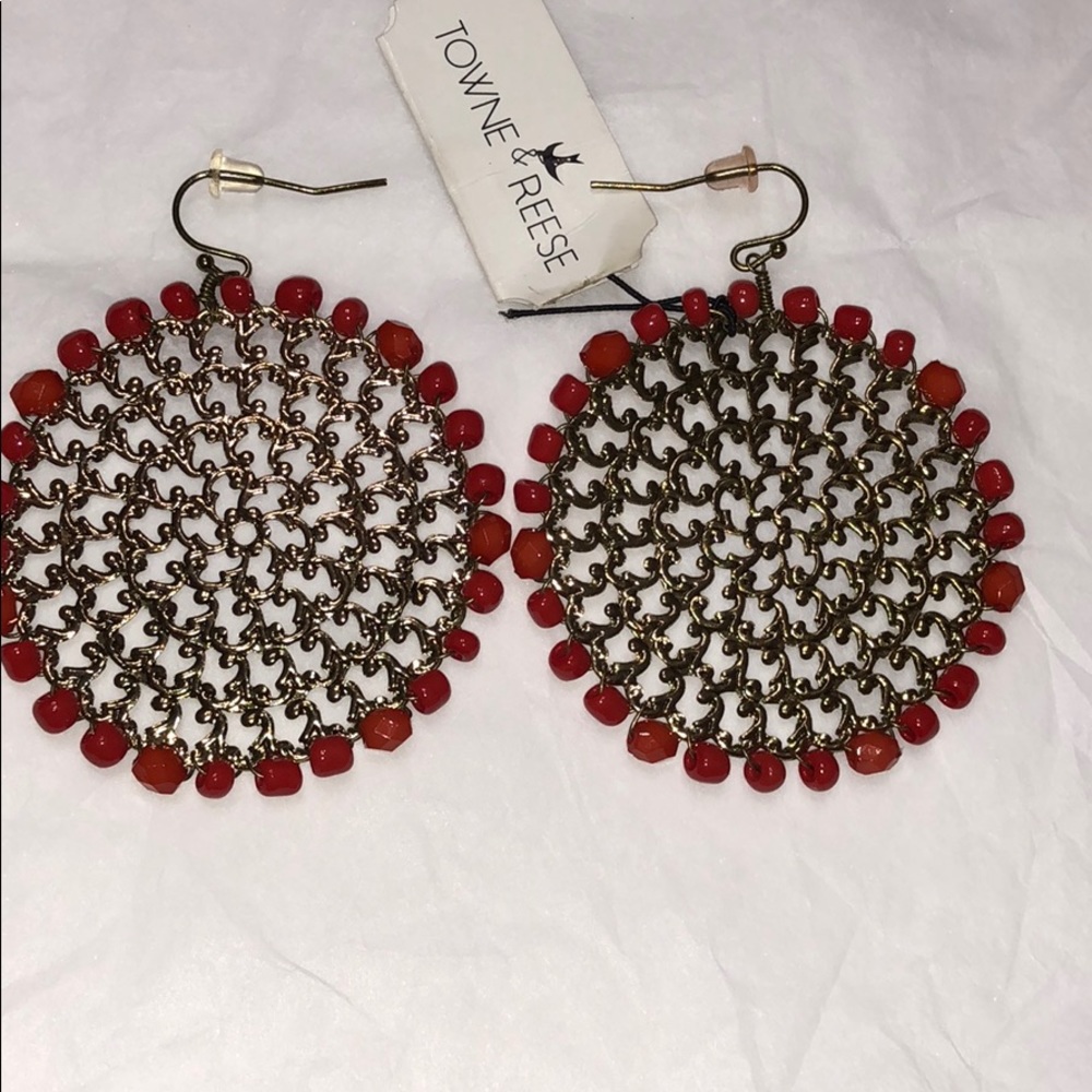 Red and gold circle dangle earrings